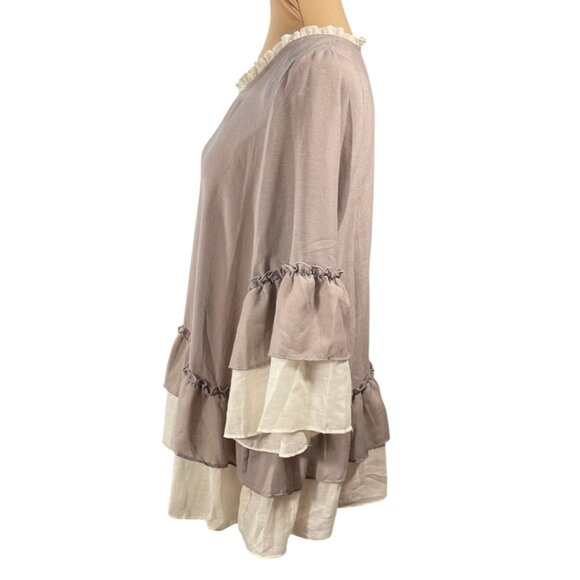 New Easel Ruffle Trim Top Blouse Taupe Cream S Small Tiered Hem - Picture 2 of 6